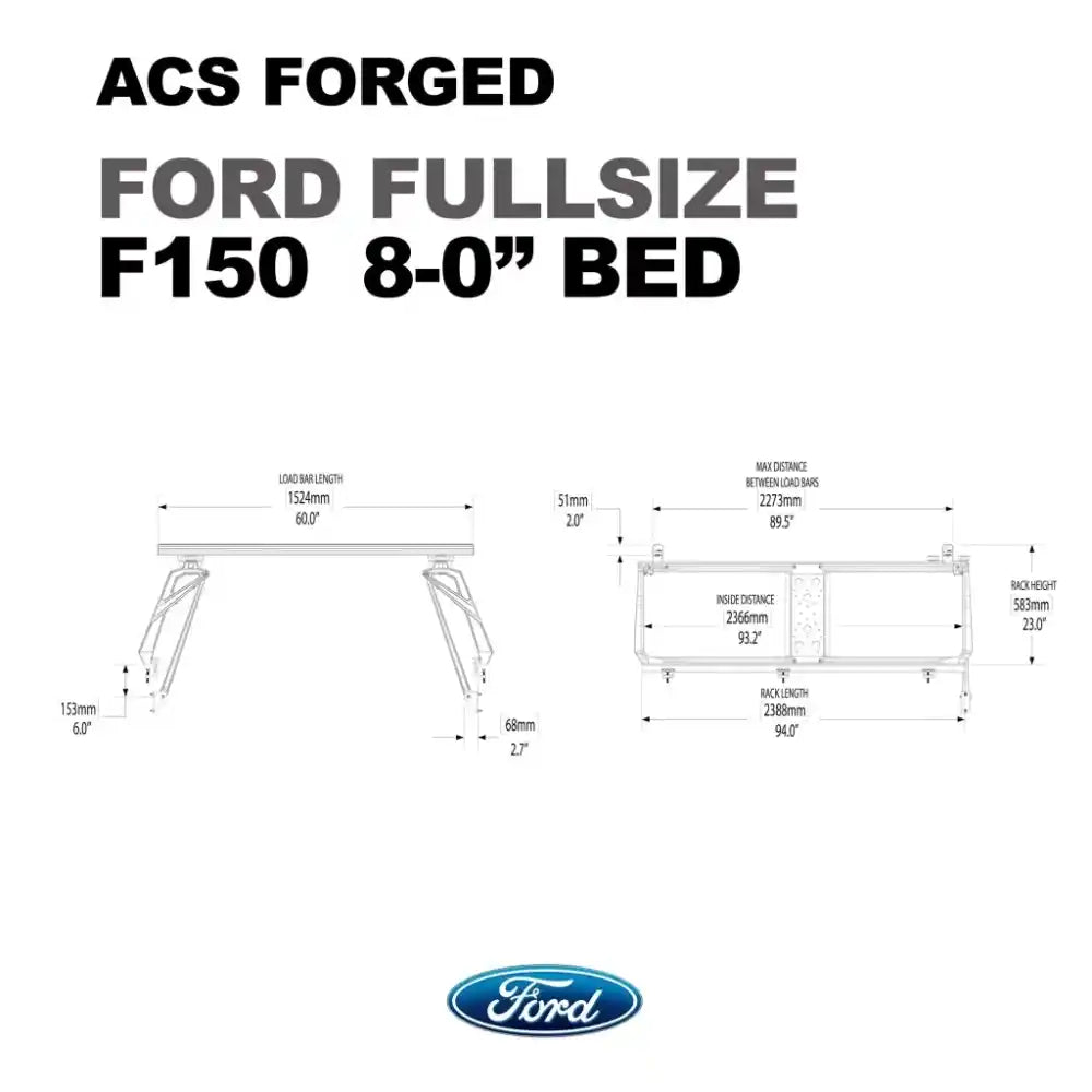 Technical diagram of an ACS Forged Ford Fullsize F150 with dimensions on a white background.