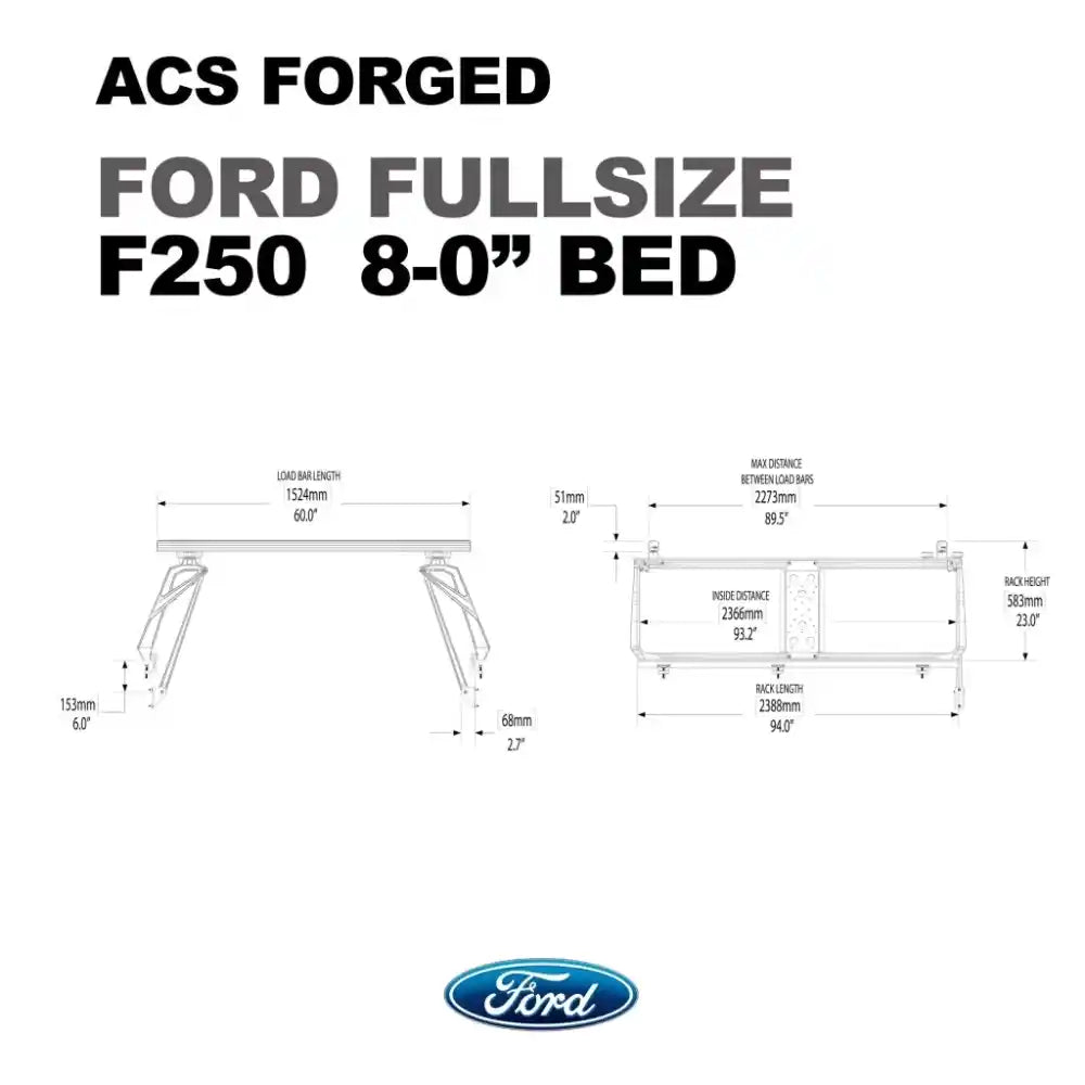 Technical diagram of an ACS Forged Ford Fullsize F250 with dimensions on a white background.