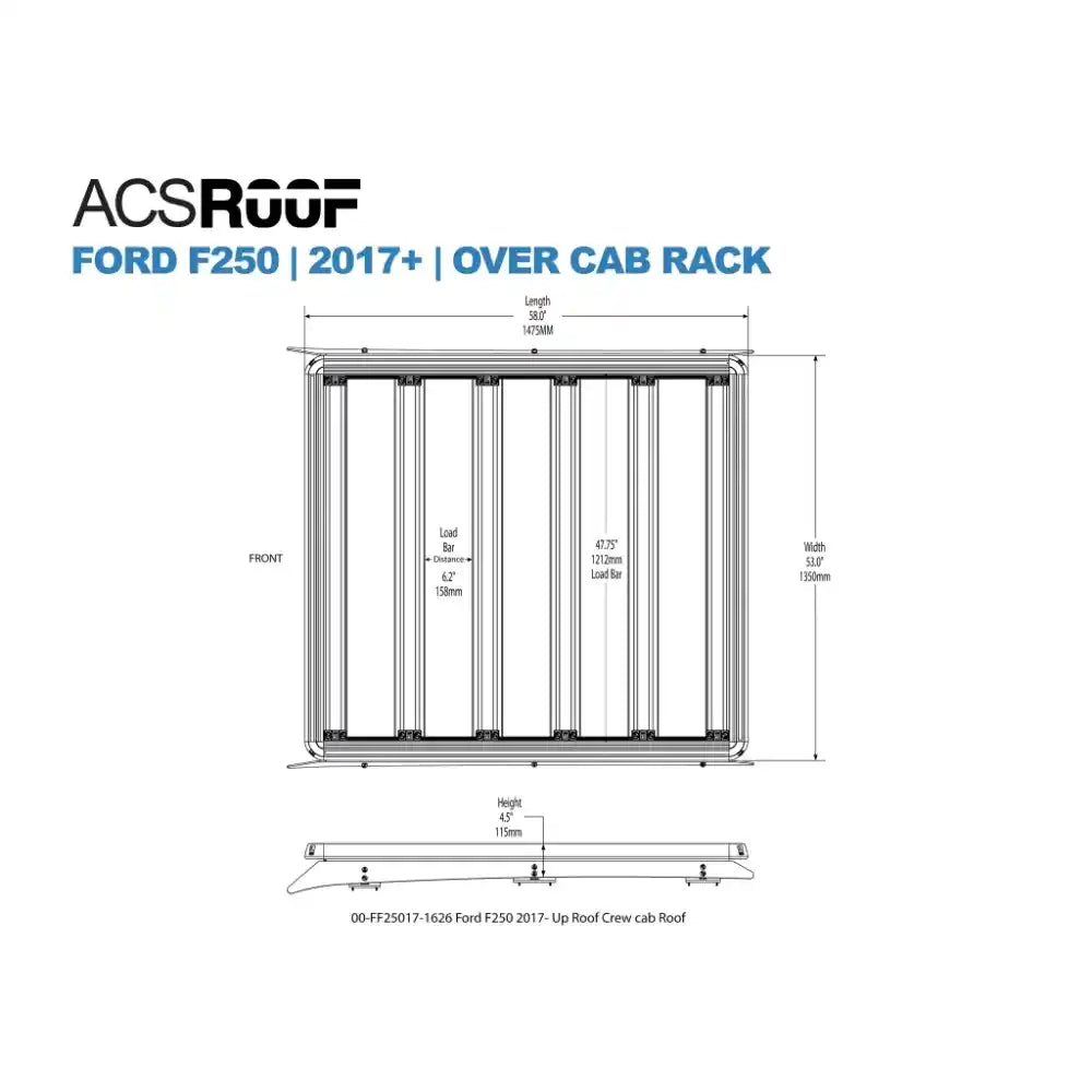 ACS Roof over cab rack for Ford F250 from 2017 onwards with dimensions on a white background