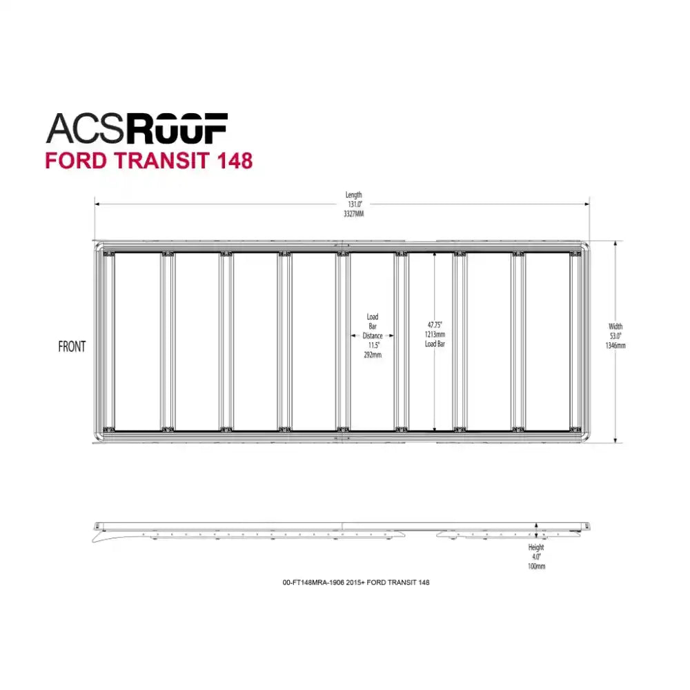 Technical drawing of a roof rack system for Ford Transit 148 with ACS ROOF branding.