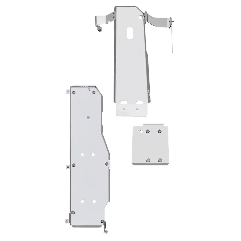 Flat laser-cut aluminum parts of the Asfir skid plate kit laid out