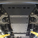 Front underside view of installed RCI skid plates covering engine and transmission on Ram 1500