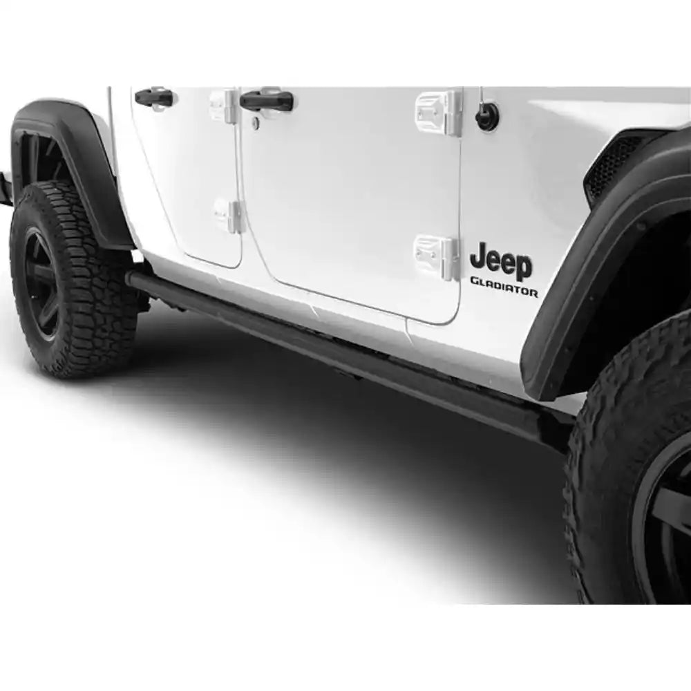 Full side view of white Jeep Gladiator with installed PowerStep running boards