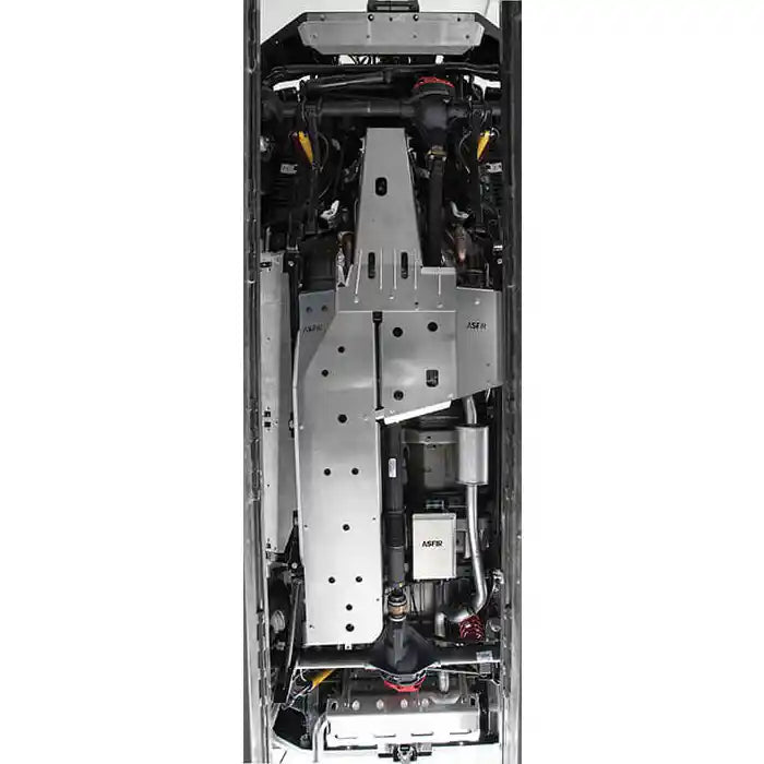Full underbody view of 2-door Jeep Wrangler JK with Asfir 3-piece skid plate kit installed