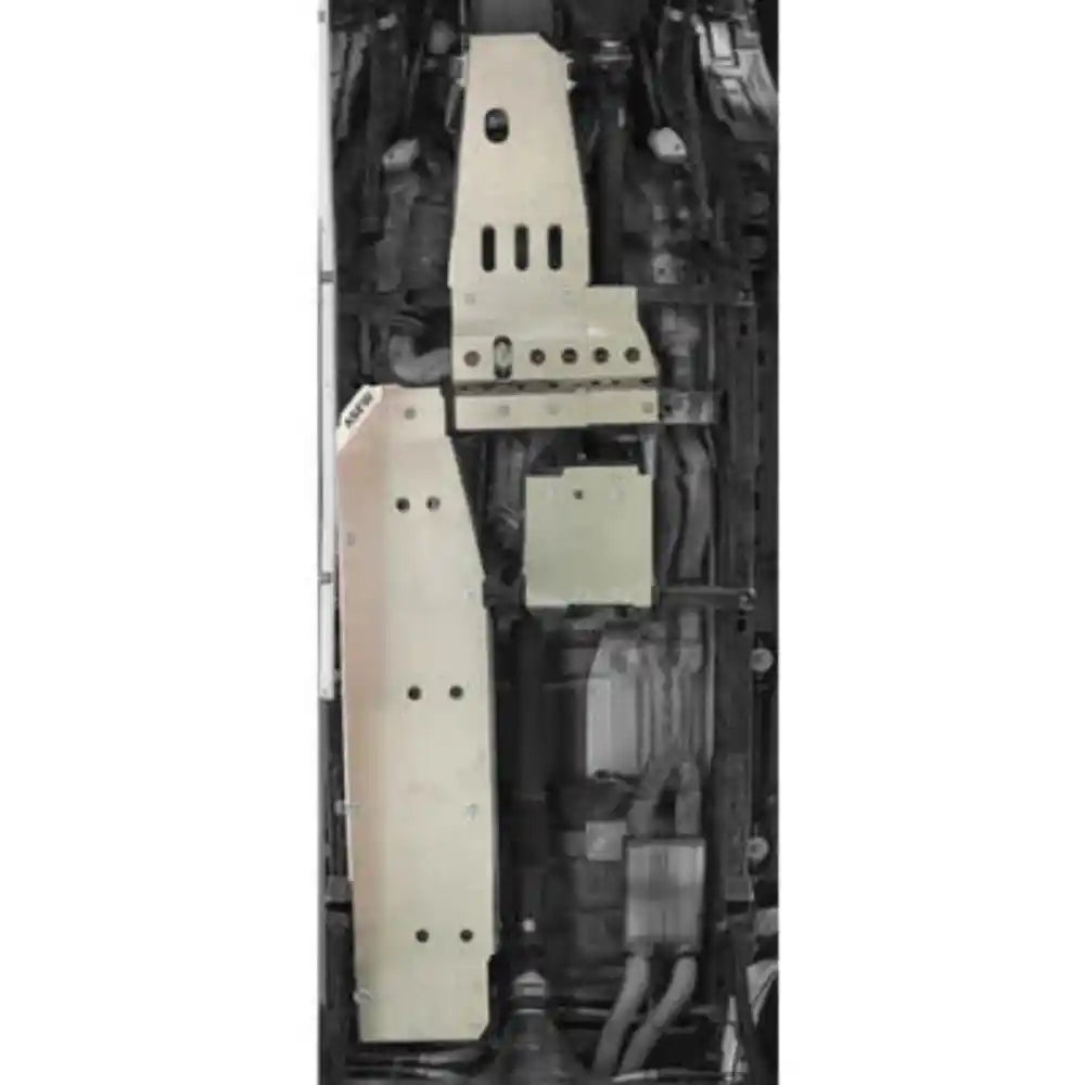 Full underbody view of 4-door Jeep Wrangler JL with Asfir 3-piece skid plate kit