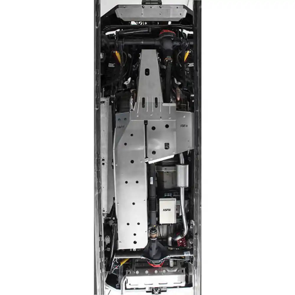Full underbody view of Jeep Wrangler JK with Asfir 3-piece skid plate kit installed
