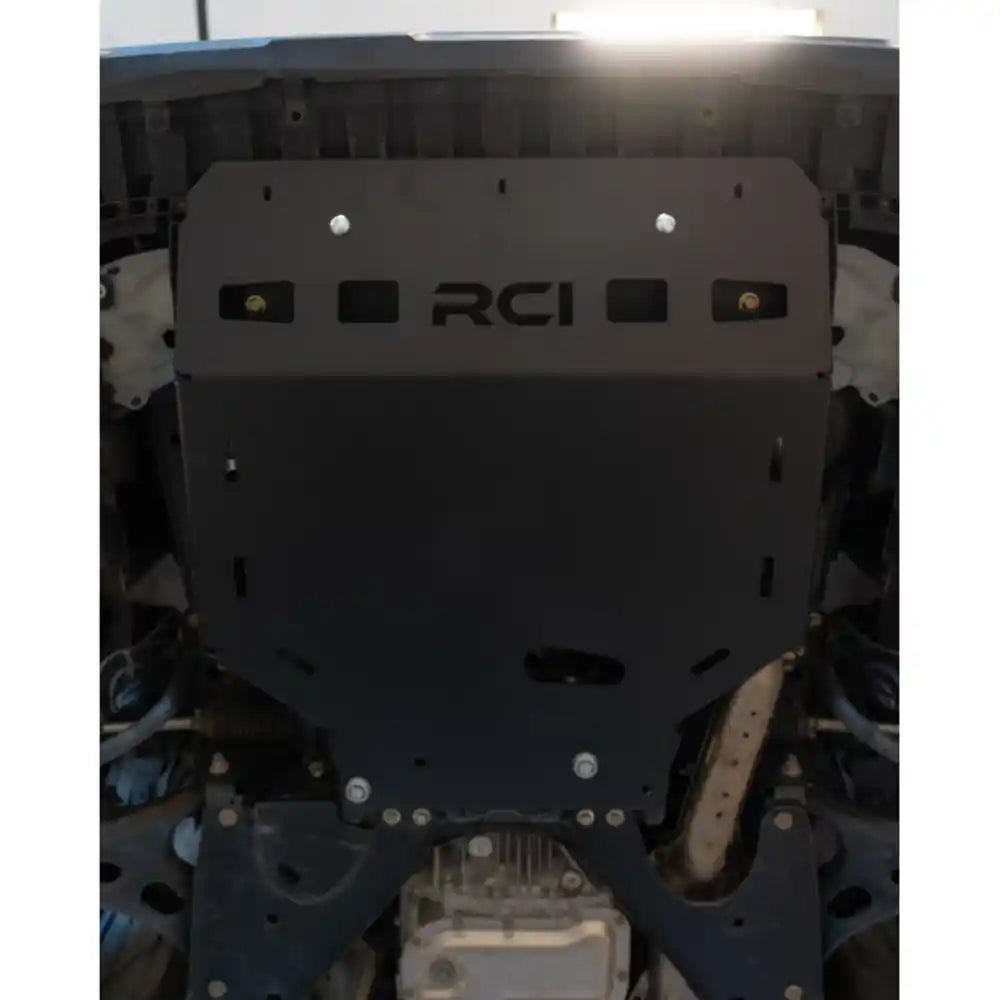 Full underbody view of RCI engine skid on lifted Crosstrek