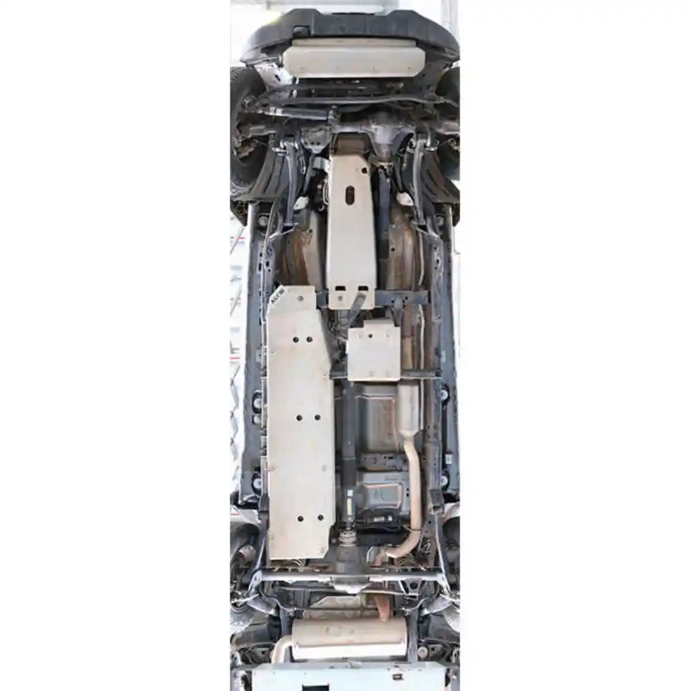 Full underbody view showing installed engine and transmission skid plates