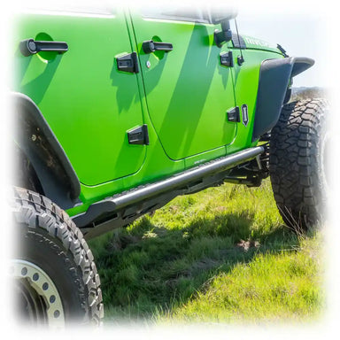 Green Jeep JK side view with Turn Offroad slider steps installed