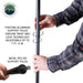 Person holding a pivoting aluminum support pole with text about features and adjustable length.