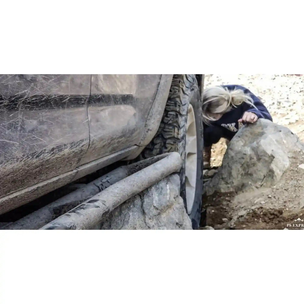 close up view of the rock slider on a stone during offroading