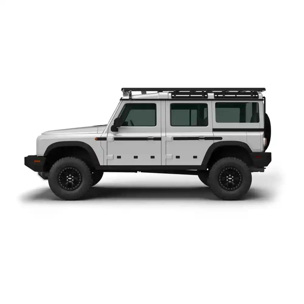 White off-road vehicle with black roof rack on a white background