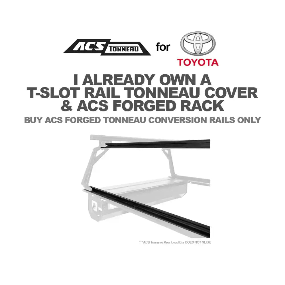 Image for ACS Tonneau T-Slot Rail Tonneau Cover and ACS Forged Bed Rack with Toyota logo on a white background.