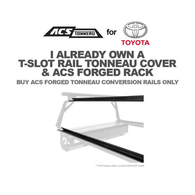 Image for ACS Tonneau T-Slot Rail Tonneau Cover and ACS Forged Bed Rack with Toyota logo on a white background.
