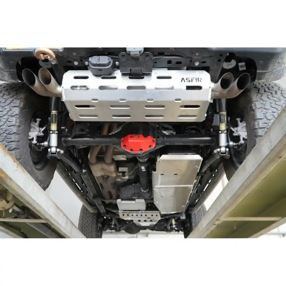 Installed Asfir engine and transmission skid plate on a Jeep Wrangler JL.