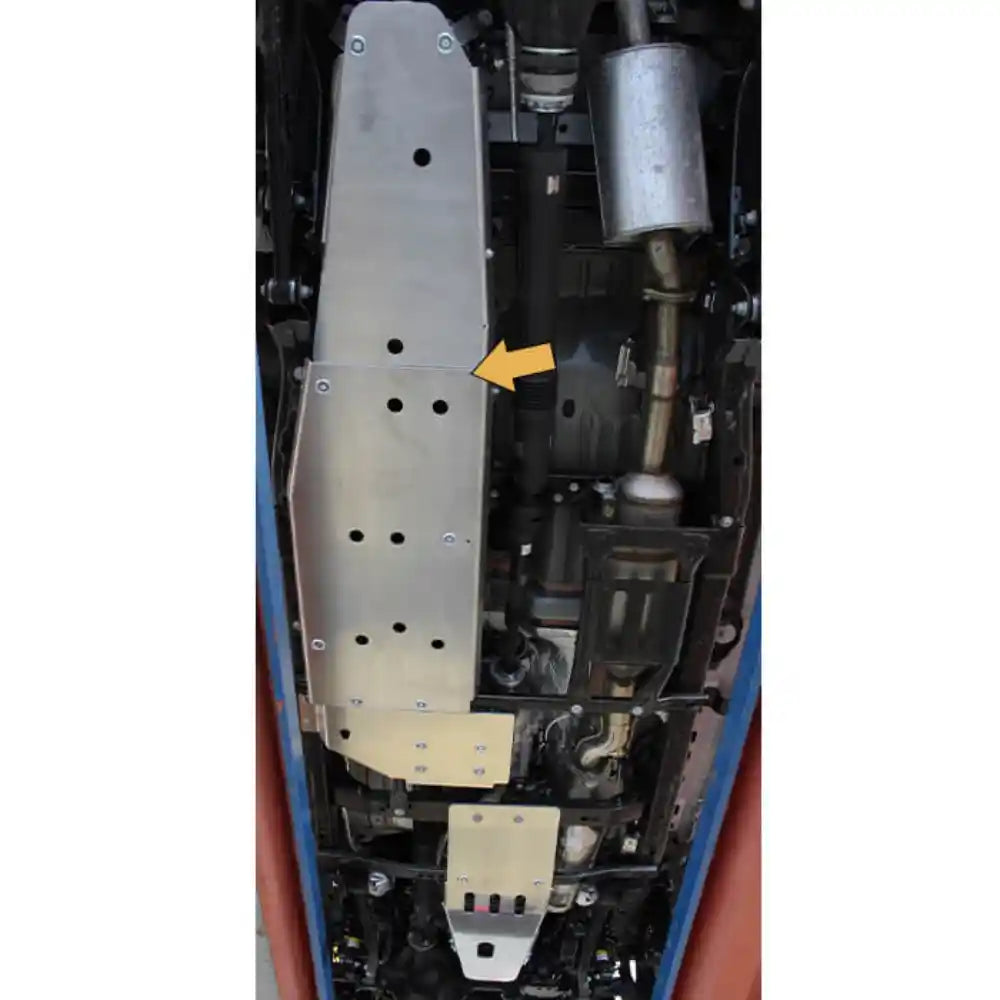 Installed Asfir fuel tank skid plate on Jeep Gladiator JT, highlighting clean fit and drainage access.