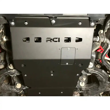 Installed RCI engine skid plate under vehicle from below