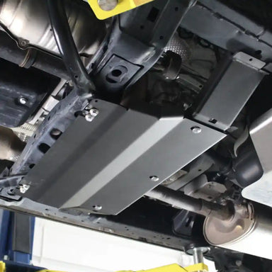 Installed RCI transfer case skid plate underside view