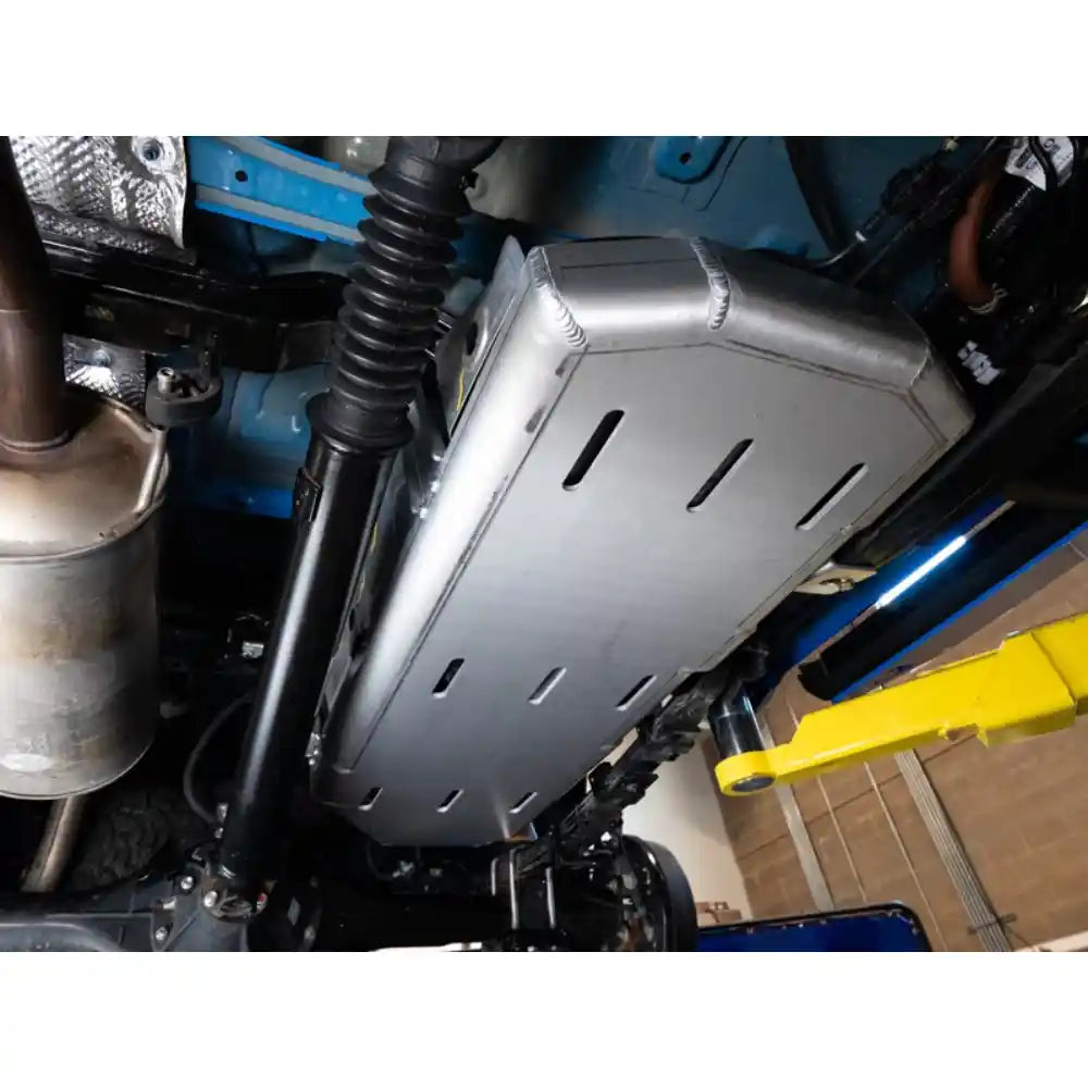 Installed view of fuel tank skid plate on Tacoma