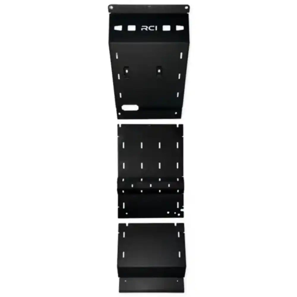 Isolated view of black RCI transfer case skid plate with vents