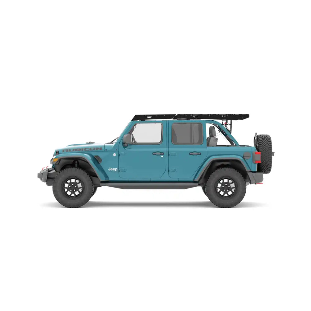 Roof Rack mounted on a roof off Blue JLU on a white background