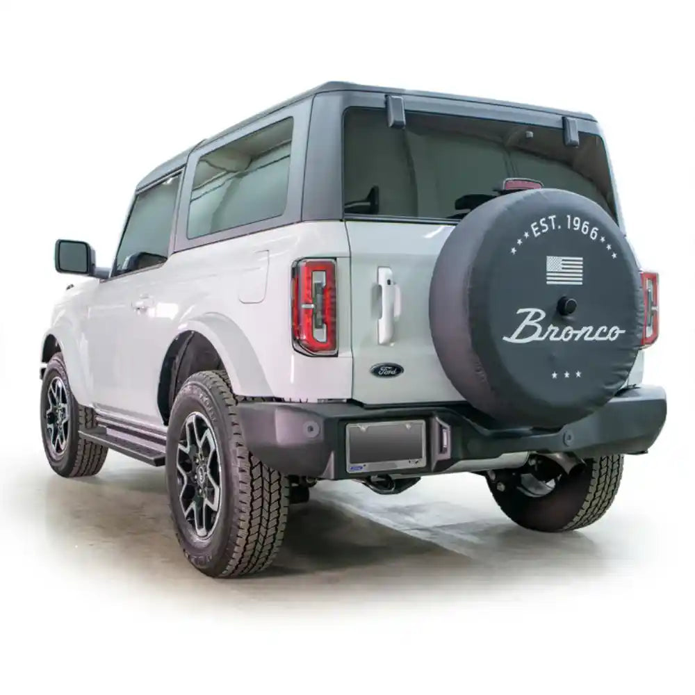 Low ground-level view of Turn Offroad side step on Ford Bronco, ideal for off-road stepping and rock protection