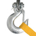 Metal hook with a yellow strap on a white background