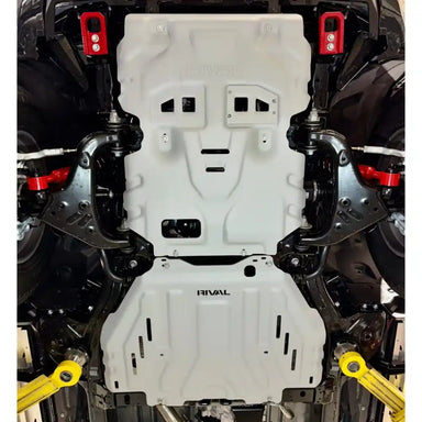 Mounted Transmission skid plate with 'Rival' branding