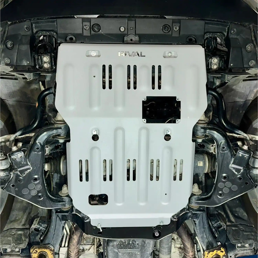 Mounted view of RIVAL Aluminum Engine Skid Plate 2024+ Tacoma 4Gen