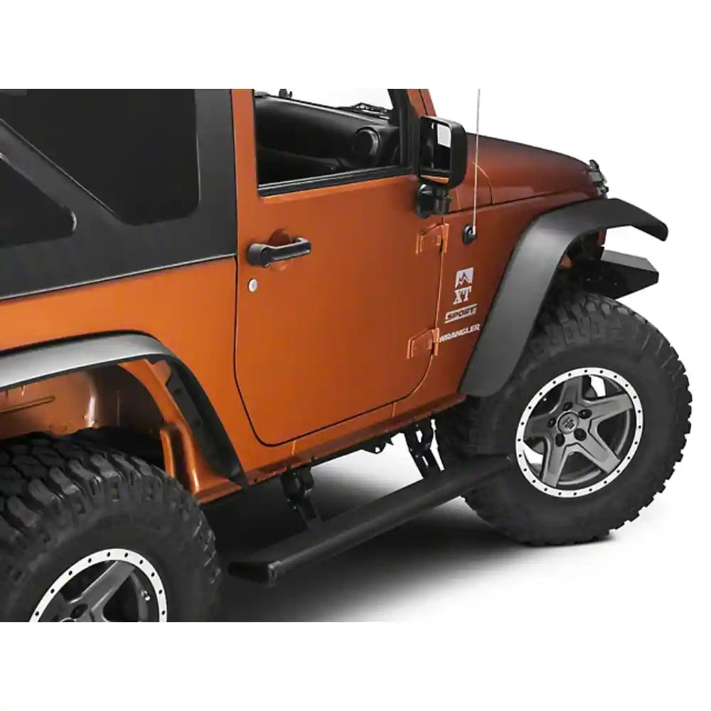 Orange Jeep Wrangler with AMP PowerStep running boards