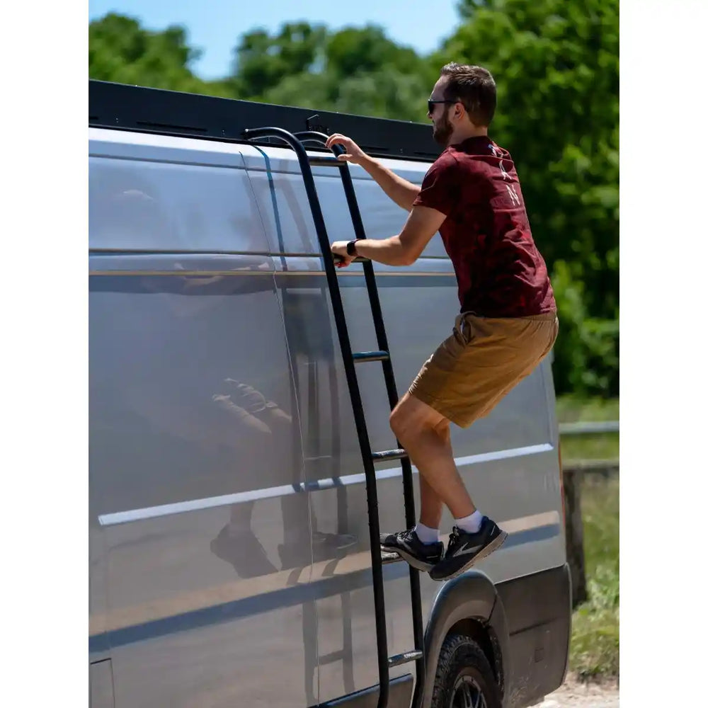 Man climbing a ladder on the side of a van with trees in the background