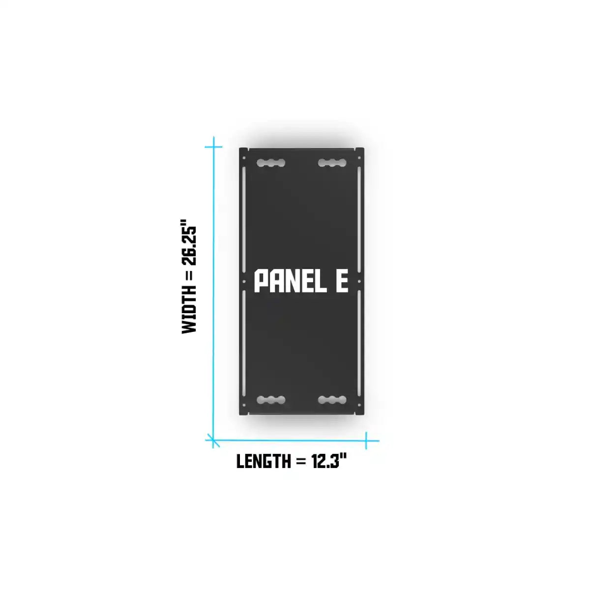 Black panel labeled 'Panel E' with measurements on a white background
