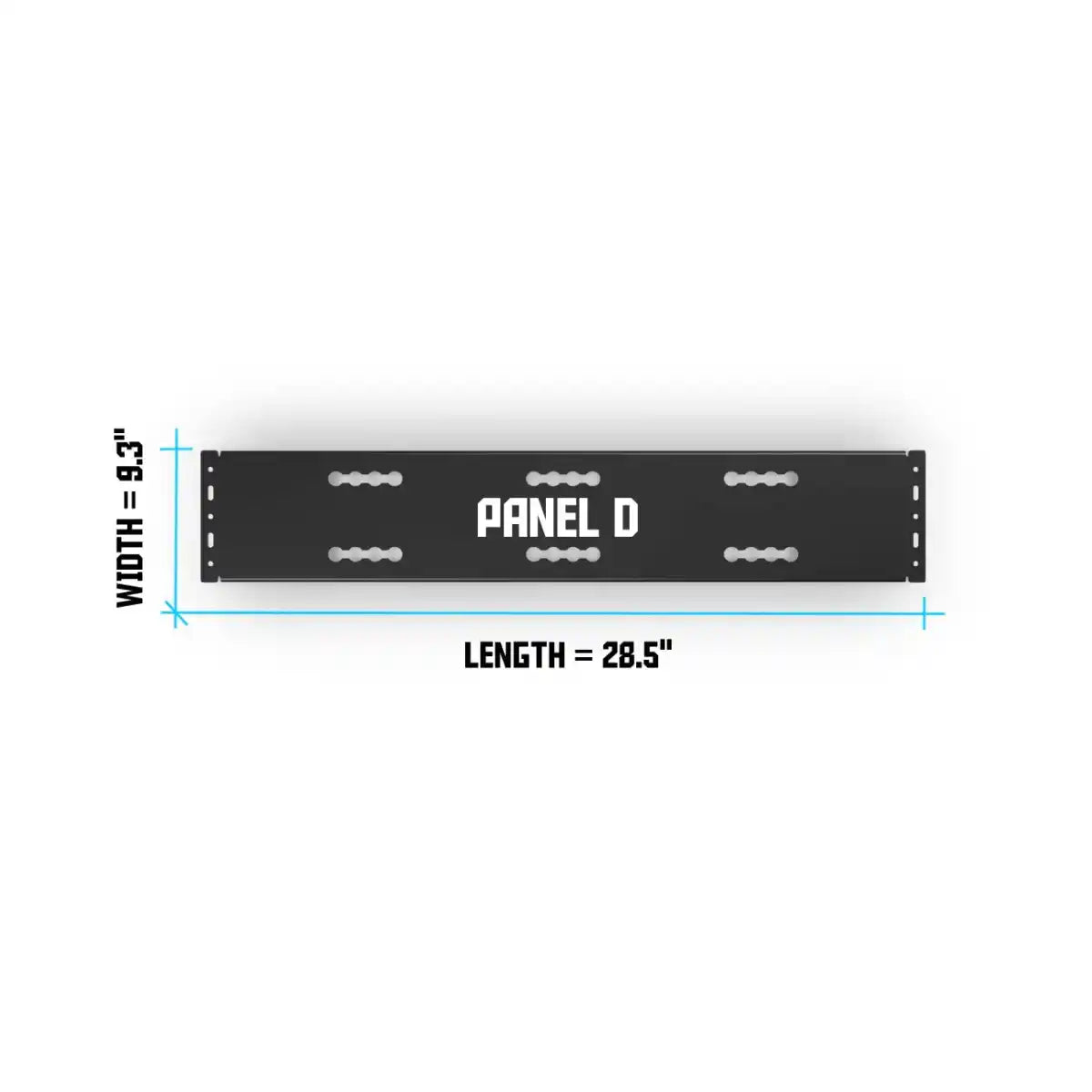 Measurement chart for Panel D with width and length dimensions on a white background