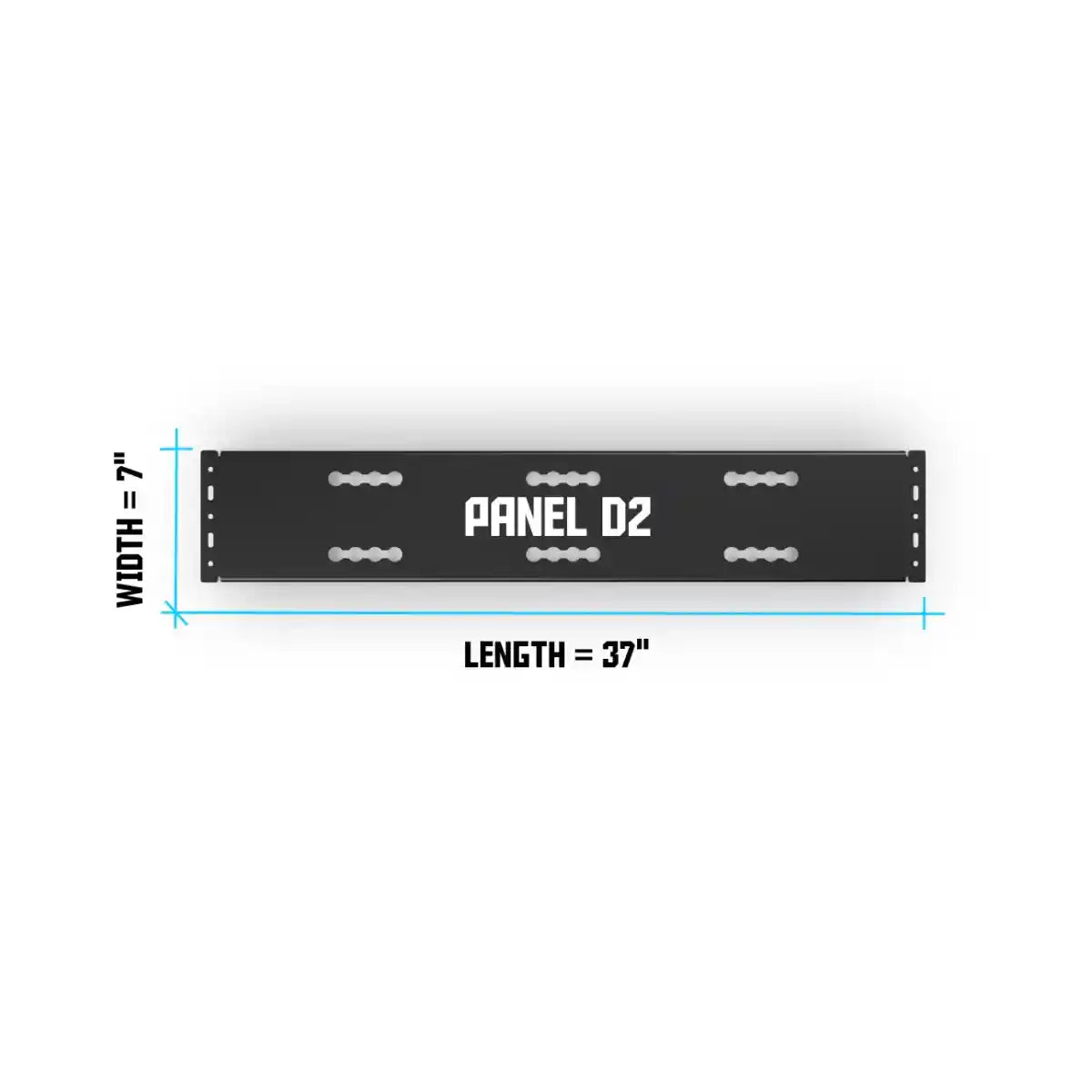 Measurement chart for Panel D2 with width and length dimensions on a white background