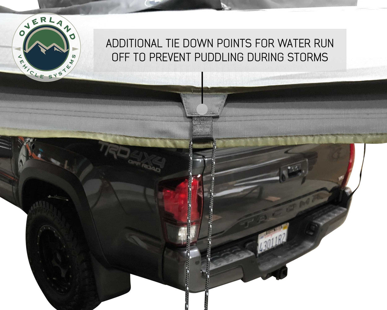 Nomadic awning tie down points for water run off