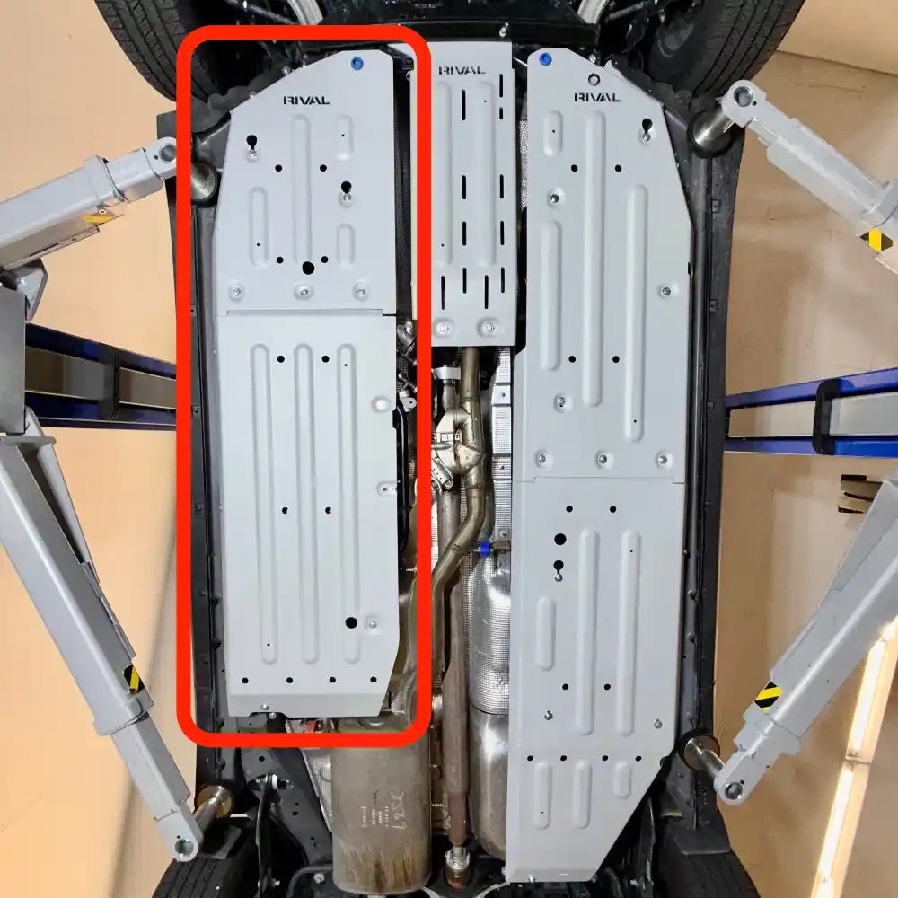 Passenger-side aluminum skid plate highlighted