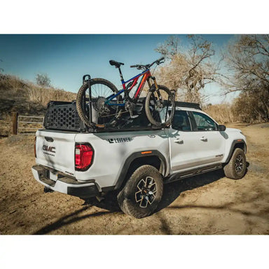 Pickup truck carrying bikes mounted on Leitner Designs tray system