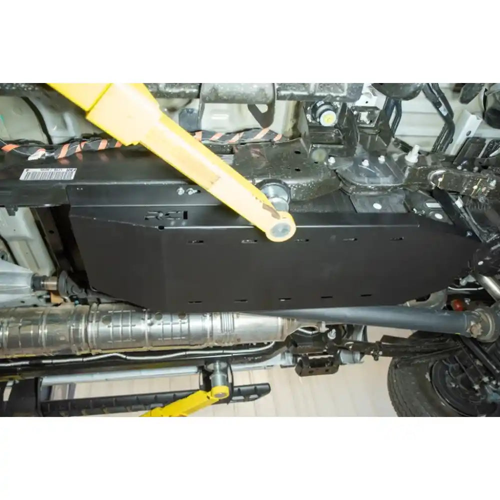 RCI fuel tank skid plate installed under Ford Super Duty short bed