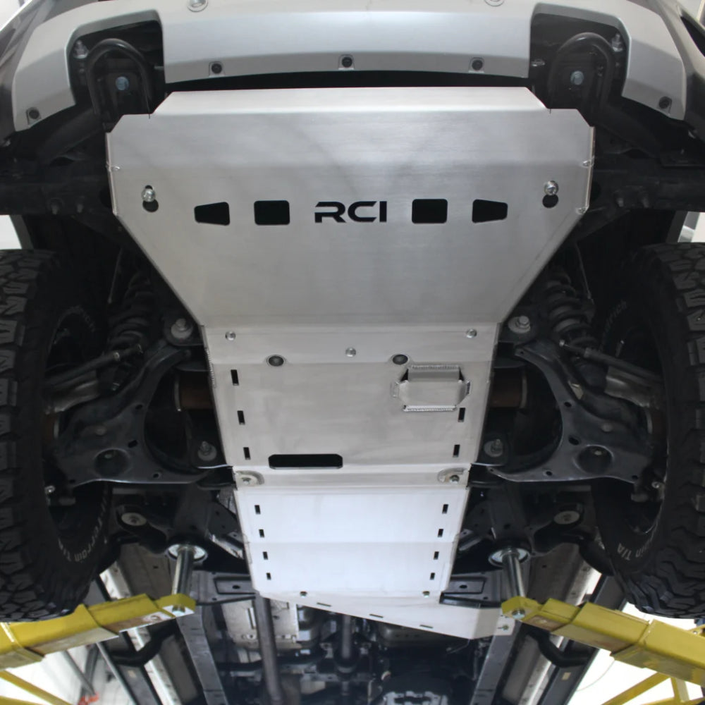 RCI transfer case and transmission skids from rear angle.