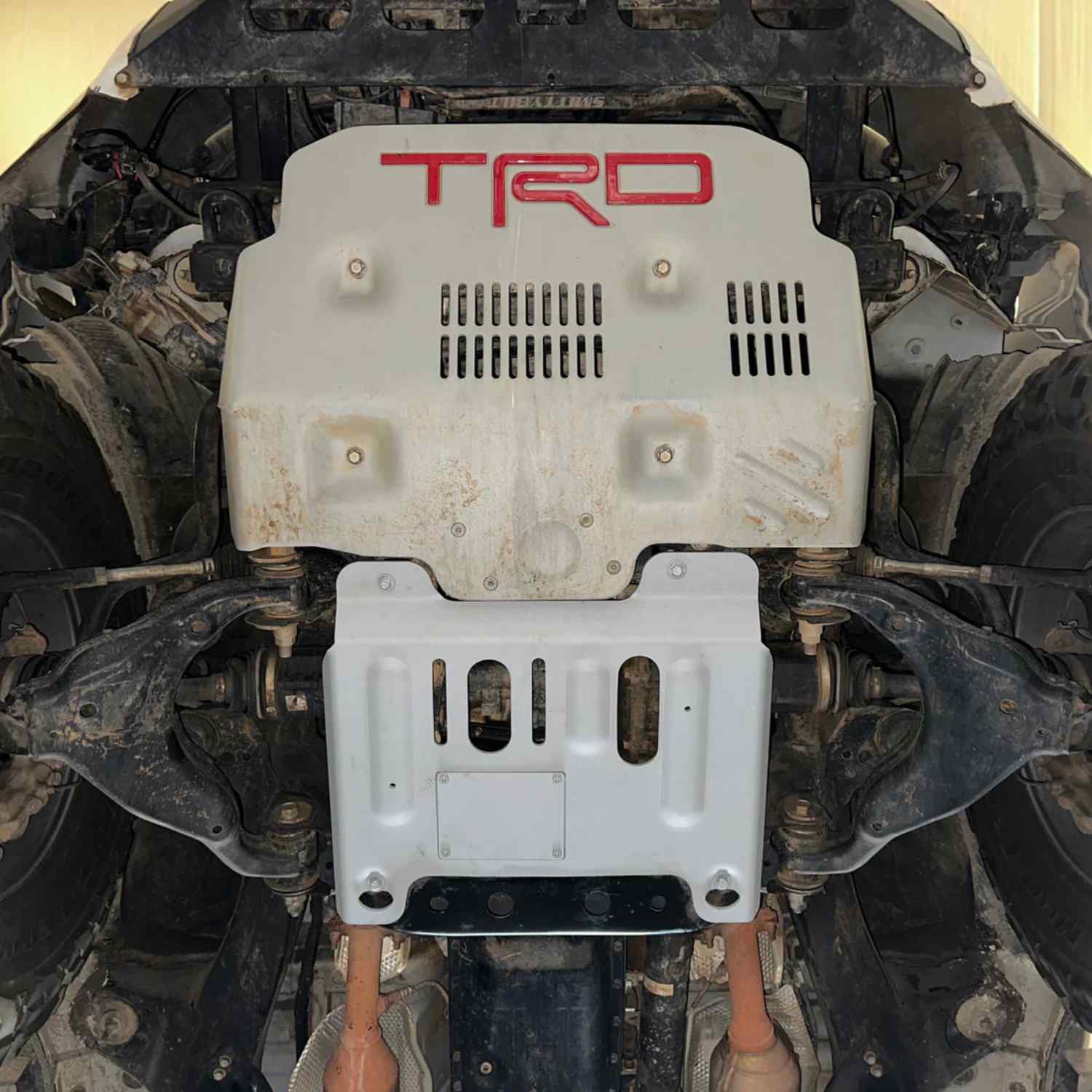 Mounted view of RIVAL Aluminum TRD Connection Skid Plate 4Runner 5Gen