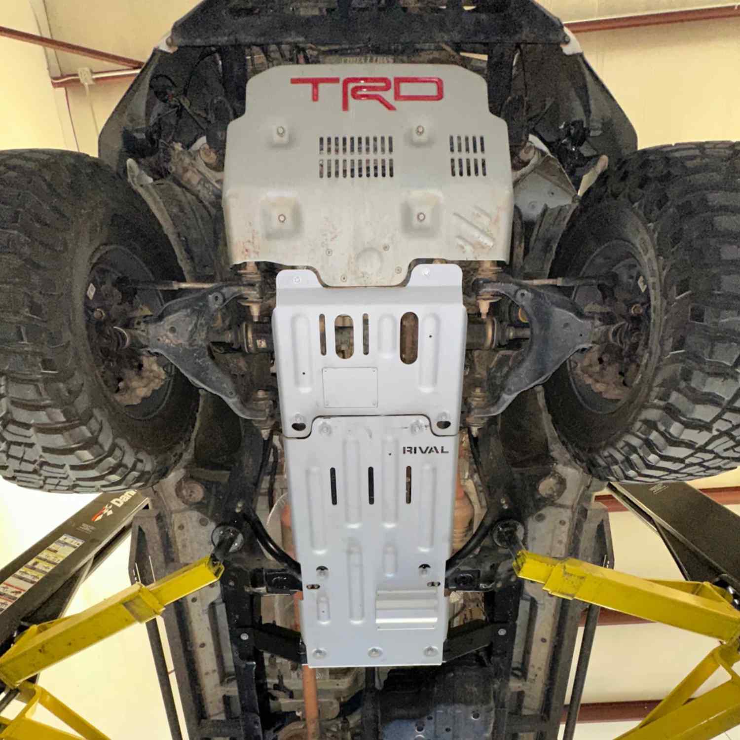 Underbody view of mounted TRD Connection Skid Plate 4Runner 5Gen