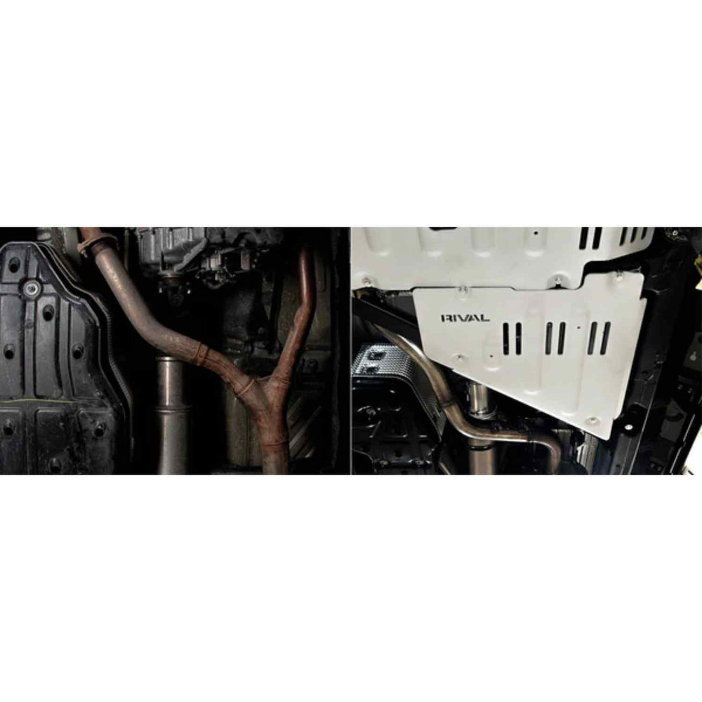 Before and After image of the mounted Rival Transfer Case Skid Plate