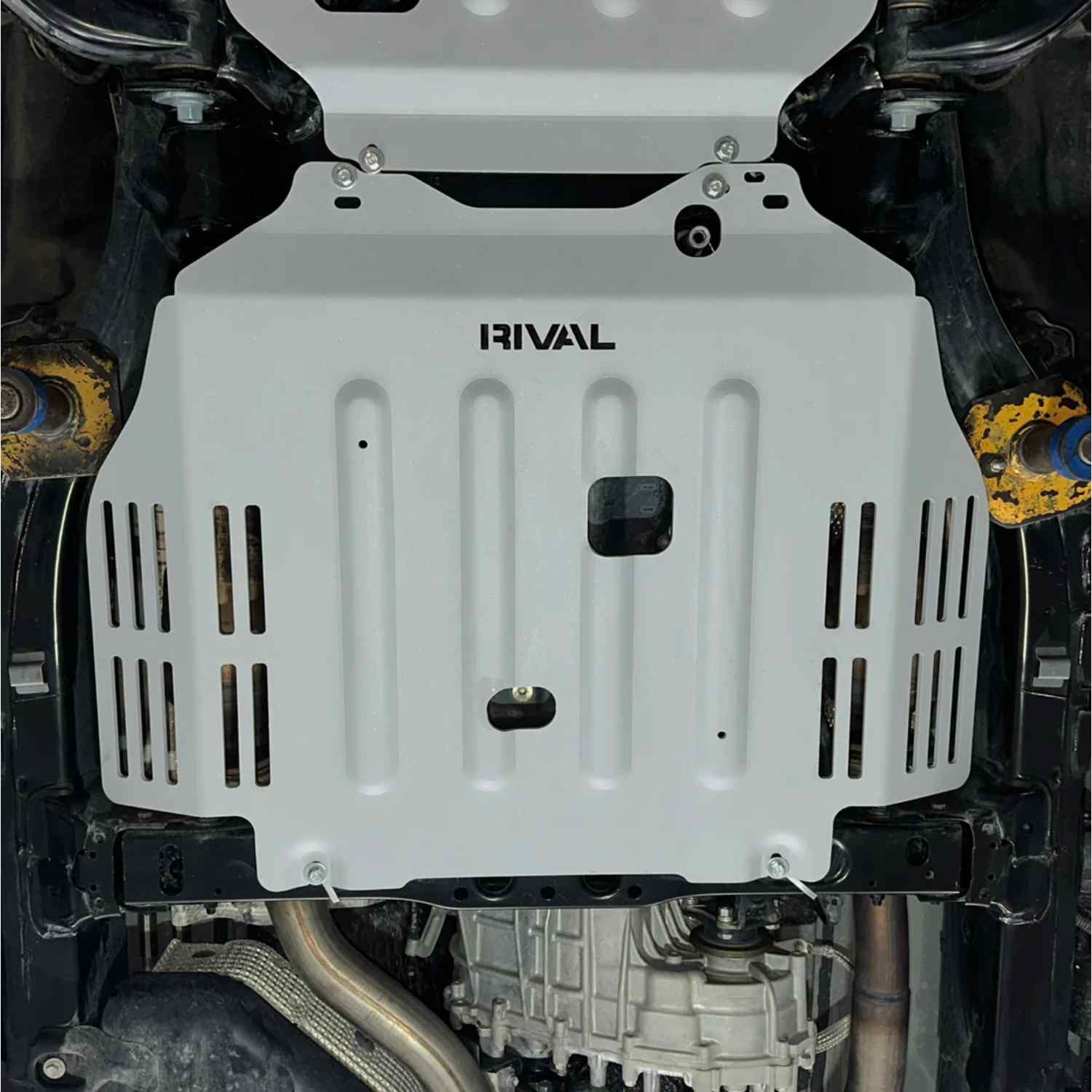Underbody mounted view of RIVAL Catalytic Converter Skid Plate 4Runner