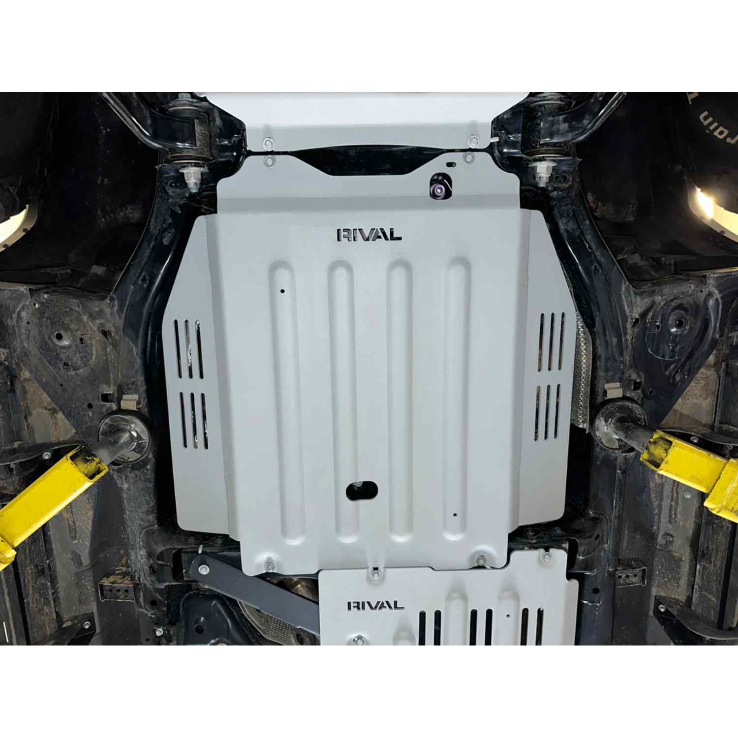 mounted view of RIVAL Transmission Catalytic Converter Skid Plate Tundra (Hybrid Only)