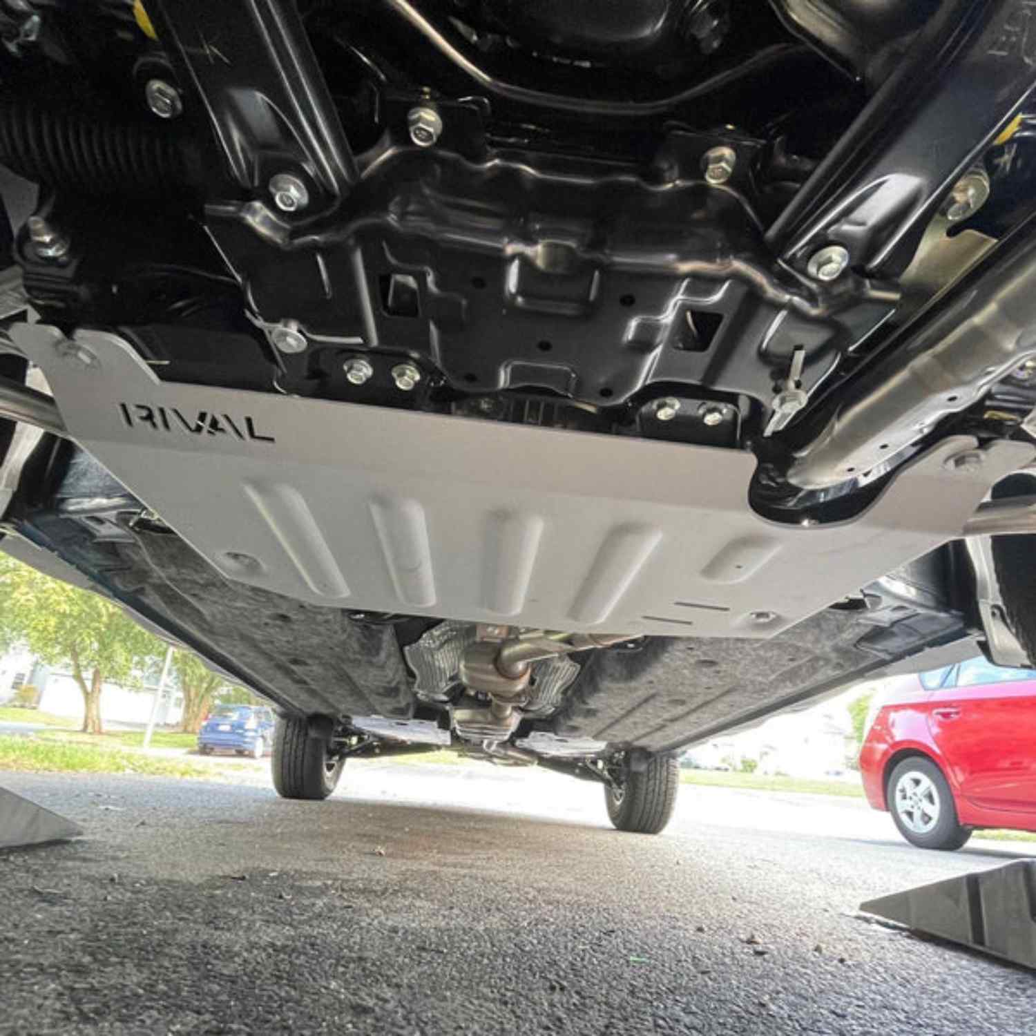 underbody view of mounted RIVAL Transmission Skid Plate For Forester