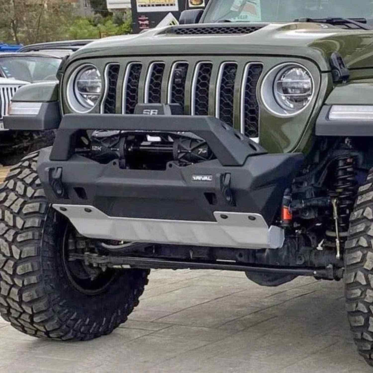 front bumper mounted on green wrangler
