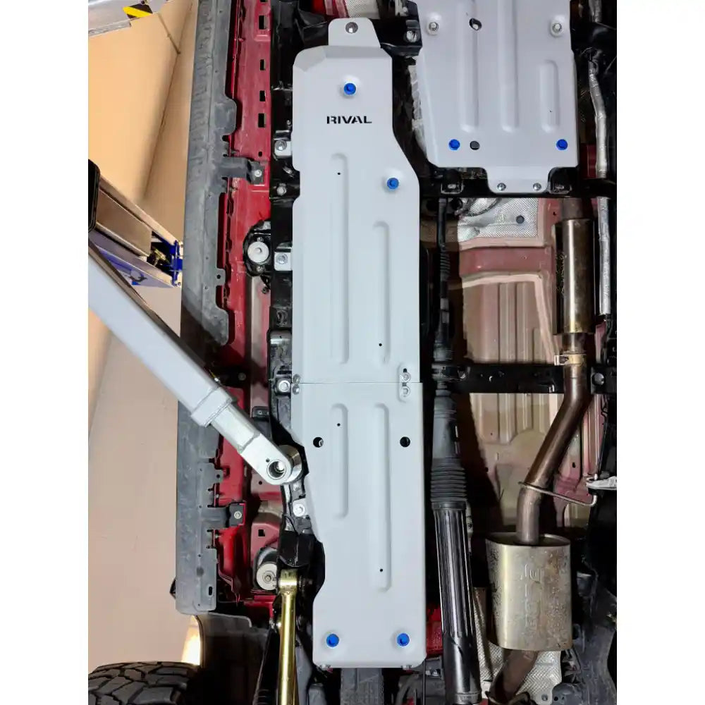 RIVAL aluminum fuel skid close-up on Jeep Gladiator