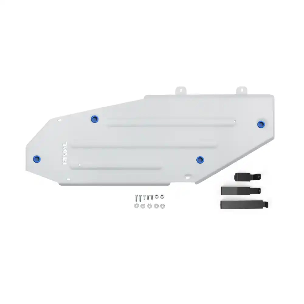 RIVAL aluminum gas tank skid plate – white with blue bolts