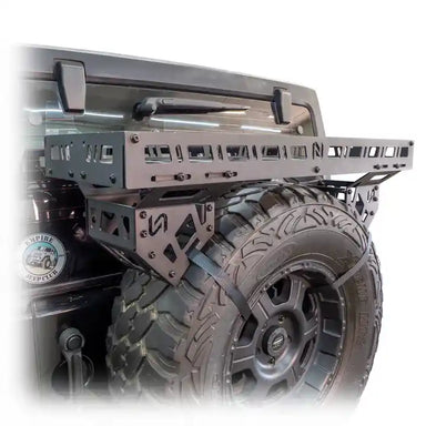 Rear-mounted spare tire cargo rack installed on truck