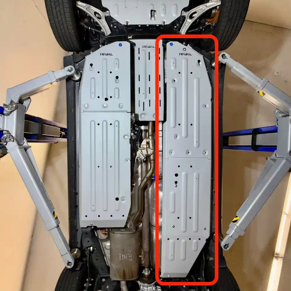 Rear underside aluminum skid plates close-up